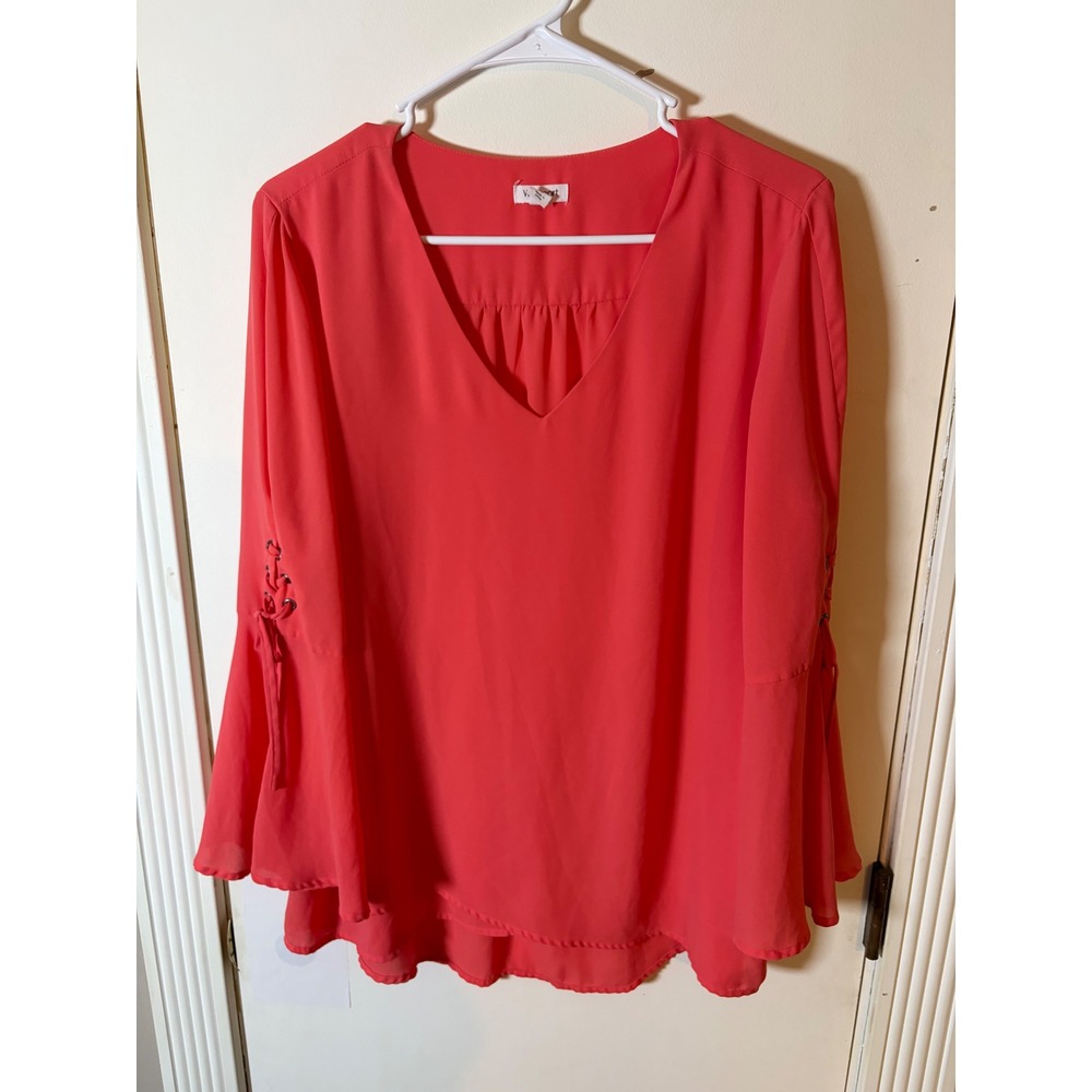 Westport Coral Pink V-Neck Blouse Lace Up Bell Sleeve Chiffon Top Large